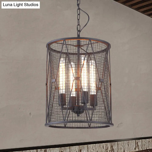 Farmhouse Pendant Light with Mesh Cylinder Metal Shade and 4 Bulbs - Black