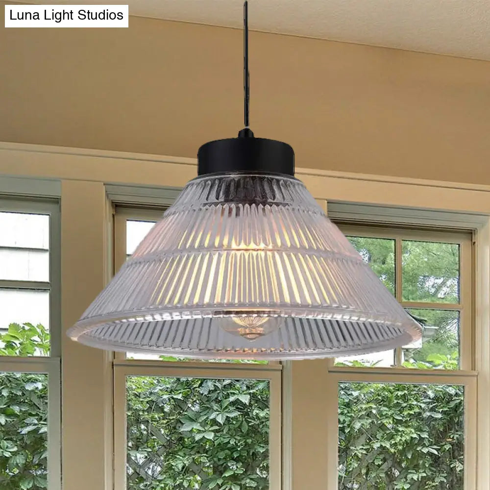 Farmhouse Ribbed Glass Cone Pendant Ceiling Light with Black/Brass Finish - Single-Bulb Hanging Lamp for Dining Room