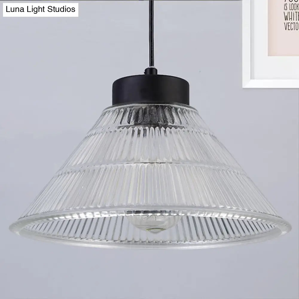 Farmhouse Ribbed Glass Cone Pendant Ceiling Light with Black/Brass Finish - Single-Bulb Hanging Lamp for Dining Room