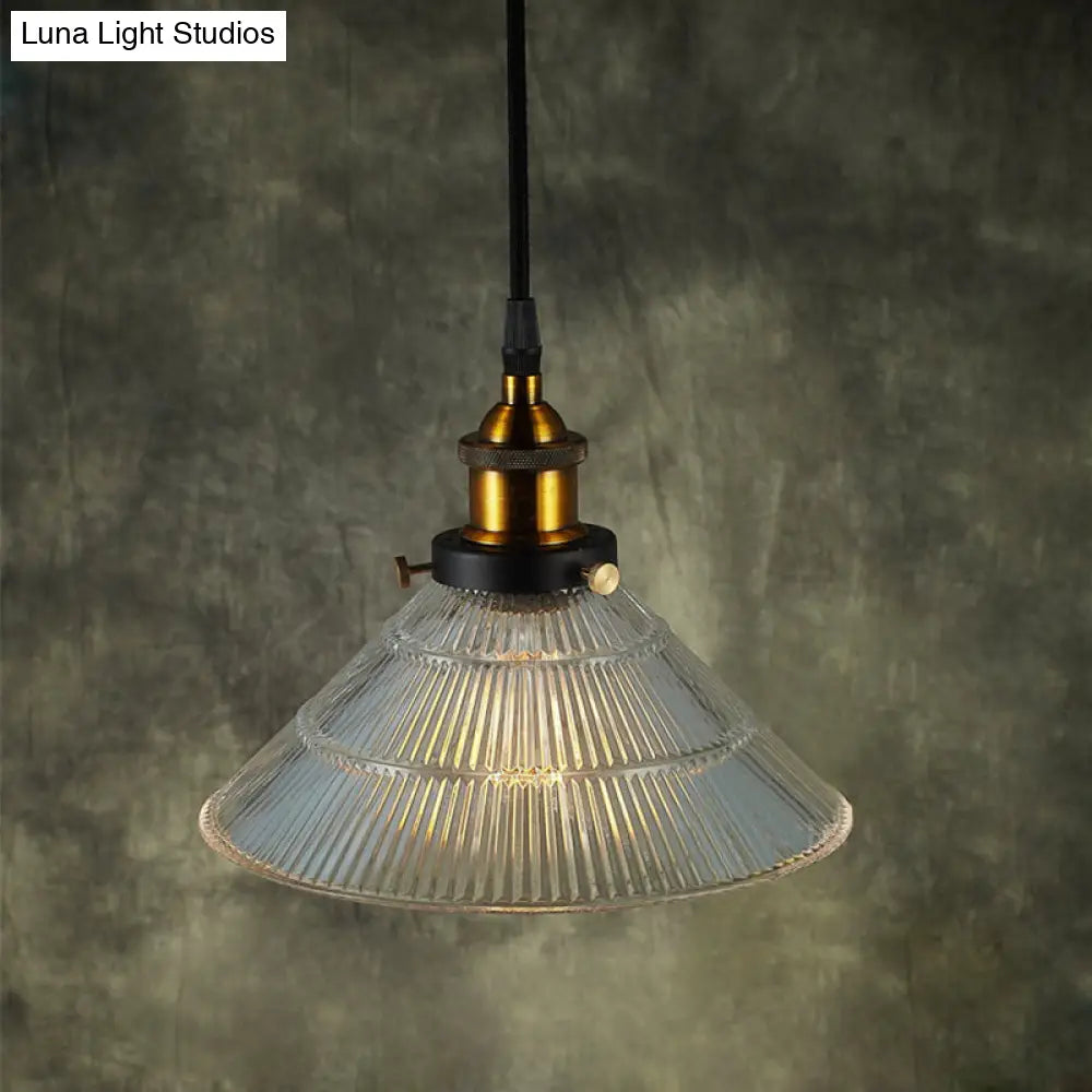 Farmhouse Ribbed Glass Cone Pendant Ceiling Light with Black/Brass Finish - Single-Bulb Hanging Lamp for Dining Room