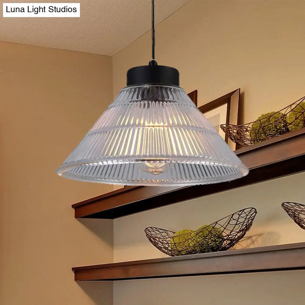 Farmhouse Ribbed Glass Cone Pendant Ceiling Light with Black/Brass Finish - Single-Bulb Hanging Lamp for Dining Room