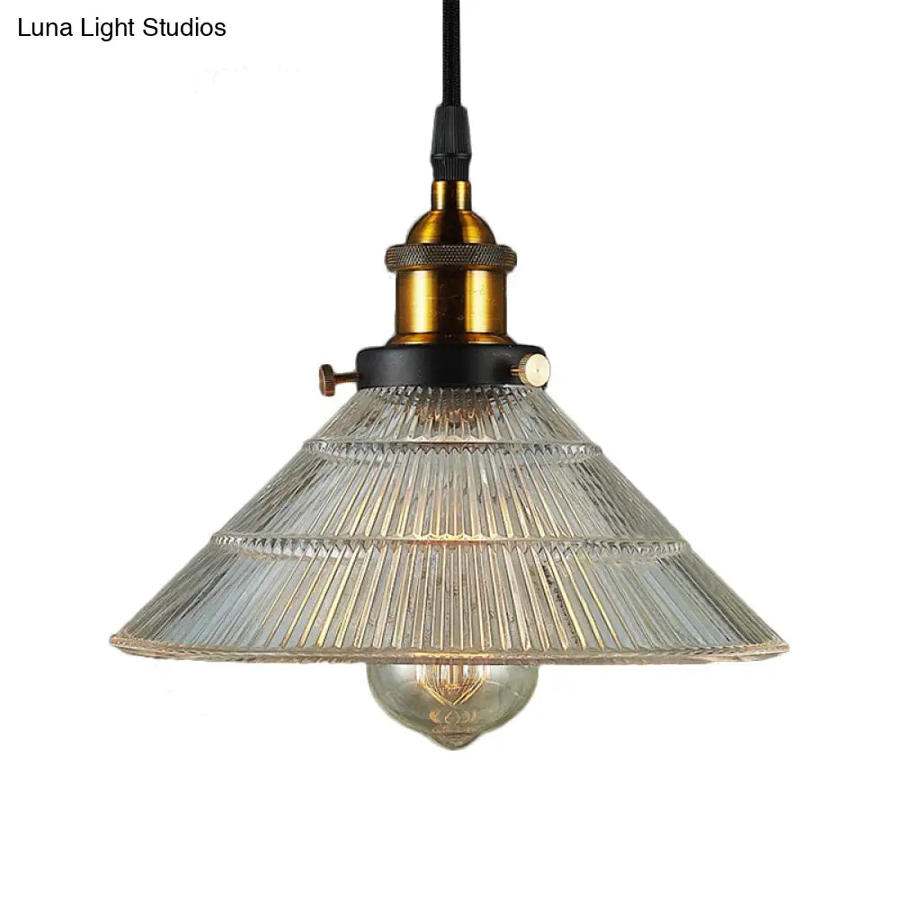 Farmhouse Ribbed Glass Cone Pendant Ceiling Light with Black/Brass Finish - Single-Bulb Hanging Lamp for Dining Room