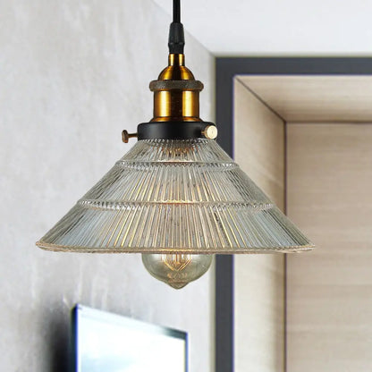 Farmhouse Ribbed Glass Cone Pendant Ceiling Light with Black/Brass Finish - Single-Bulb Hanging Lamp for Dining Room