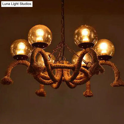 Farmhouse Rope Chandelier with 6 Smokey Glass Shades - Ideal for Dining Rooms