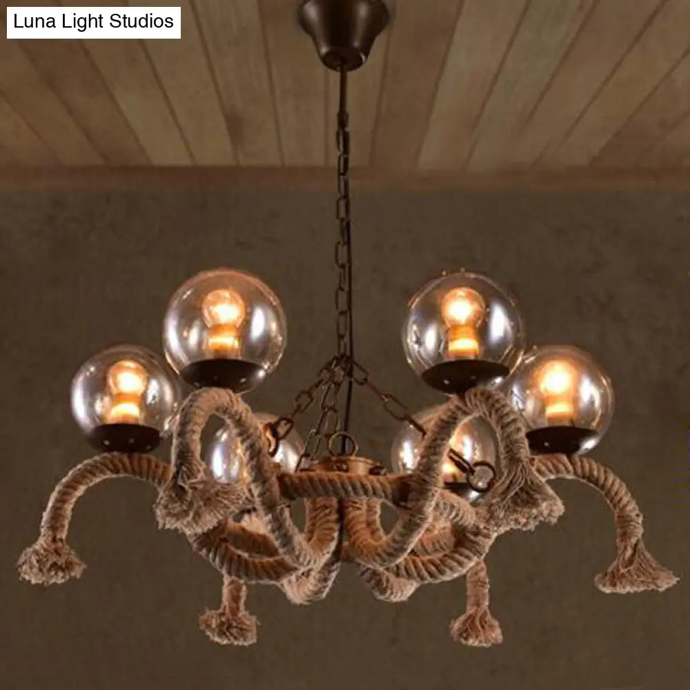 Farmhouse Rope Chandelier with 6 Smokey Glass Shades - Ideal for Dining Rooms