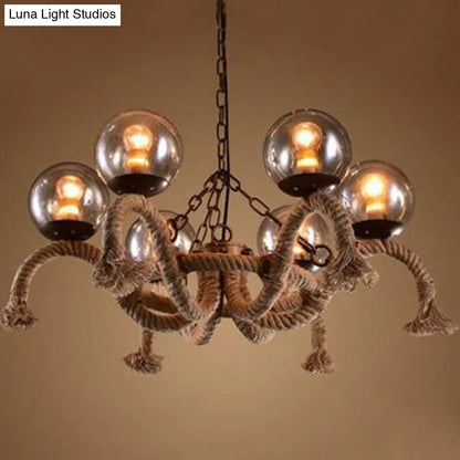 Farmhouse Rope Chandelier with 6 Smokey Glass Shades - Ideal for Dining Rooms