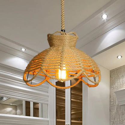 Farmhouse Rope Hanging Ceiling Lamp with Flower Basket Design - Beige