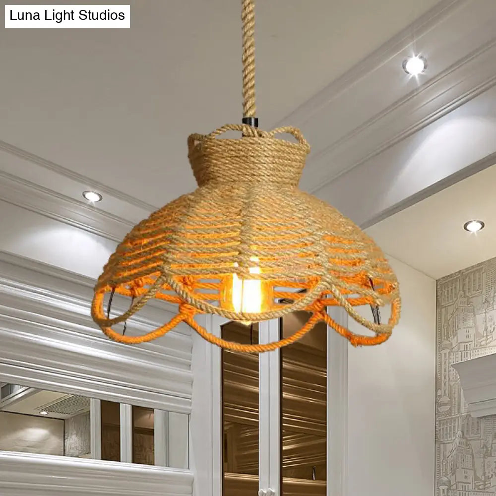 Farmhouse Rope Hanging Ceiling Lamp with Flower Basket Design - Beige