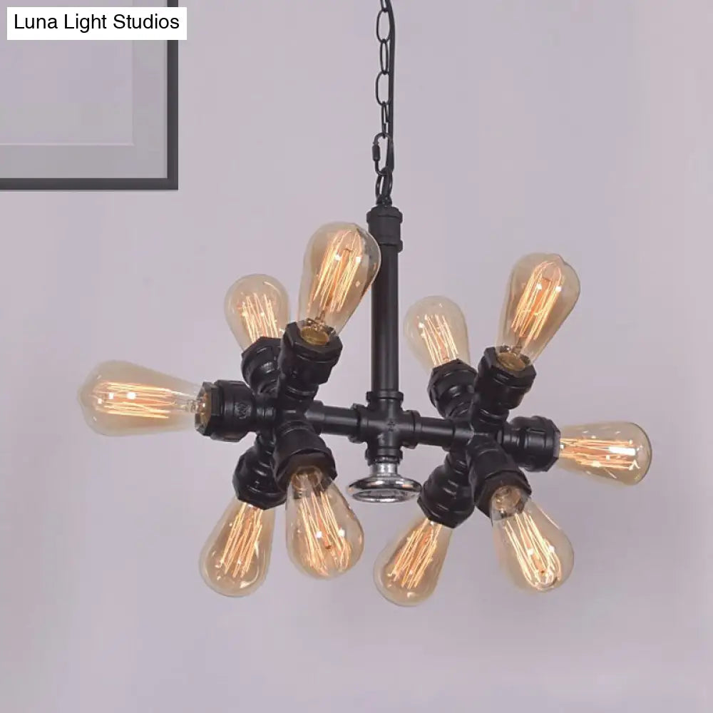 Farmhouse Style 10-Head Black Pendant Lamp with Exposed Bulbs and Sputnik Design