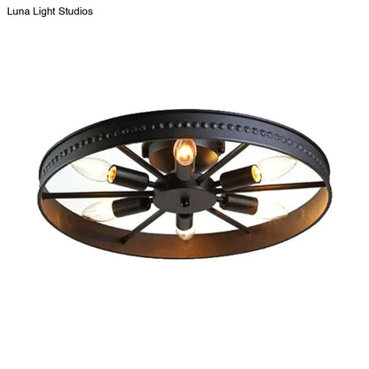 DecorBites™ DecorBites™ Farmhouse-Style 6-Head Semi Flush Ceiling Light - Metallic Wheel Shade Ceiling Lamp in Black/Bronze for Living Rooms