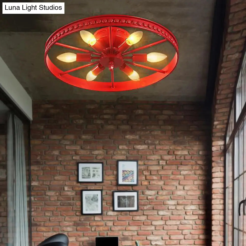 DecorBites™ DecorBites™ Farmhouse-Style 6-Head Semi Flush Ceiling Light - Metallic Wheel Shade Ceiling Lamp in Black/Bronze for Living Rooms