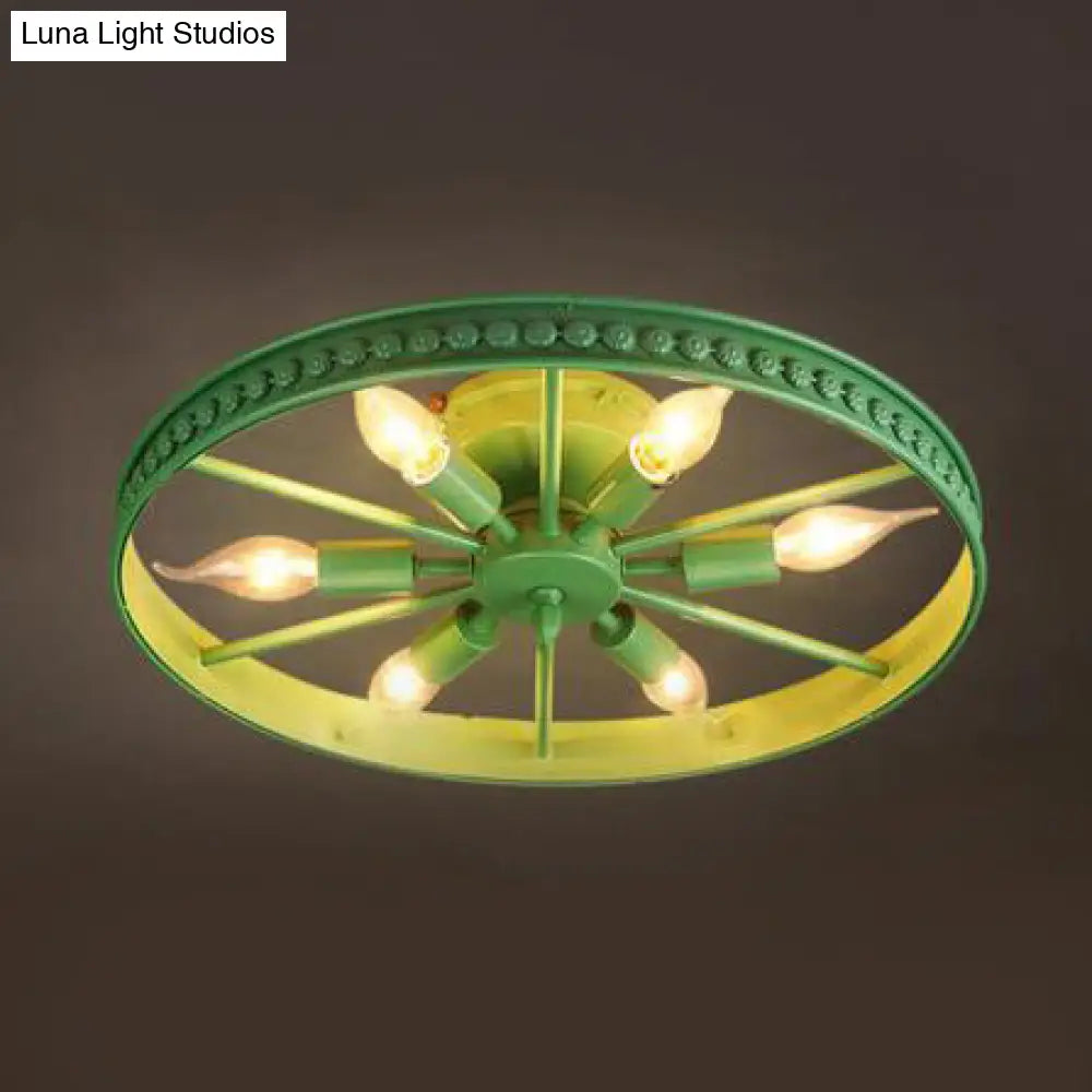 DecorBites™ DecorBites™ Farmhouse-Style 6-Head Semi Flush Ceiling Light - Metallic Wheel Shade Ceiling Lamp in Black/Bronze for Living Rooms