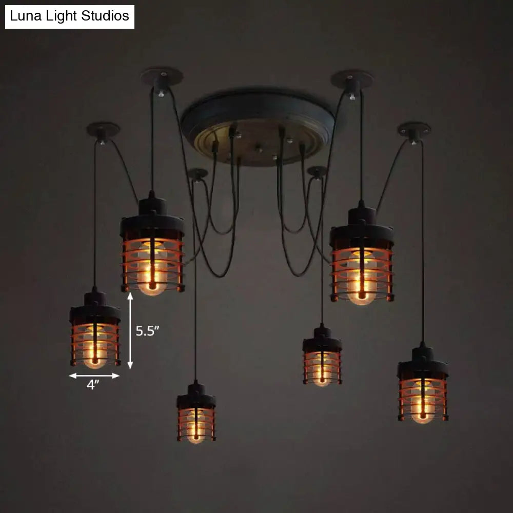 Farmhouse Style 6-Light Black Iron Ceiling Fixture with Cylinder Cage Shade and Spider Design