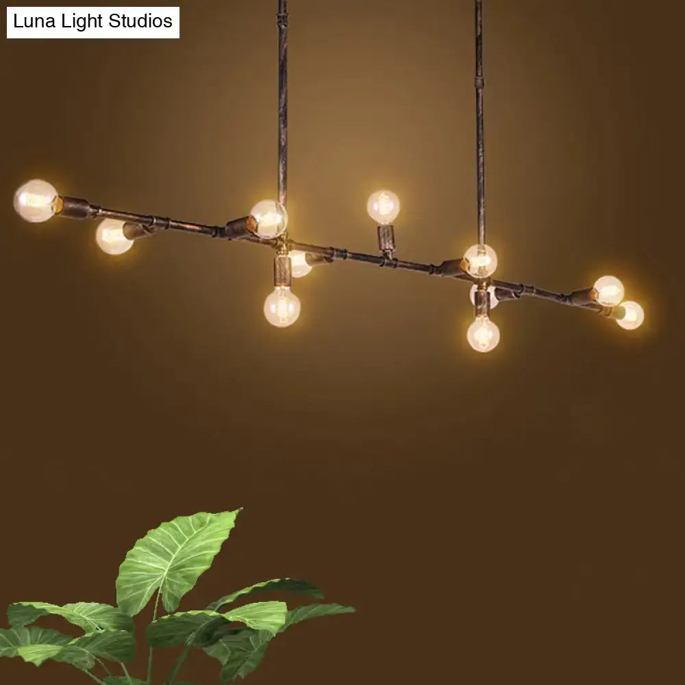 DecorBites farmhouse style antique bronze wrought iron island pendant light with dark metal pipes and exposed bulbs