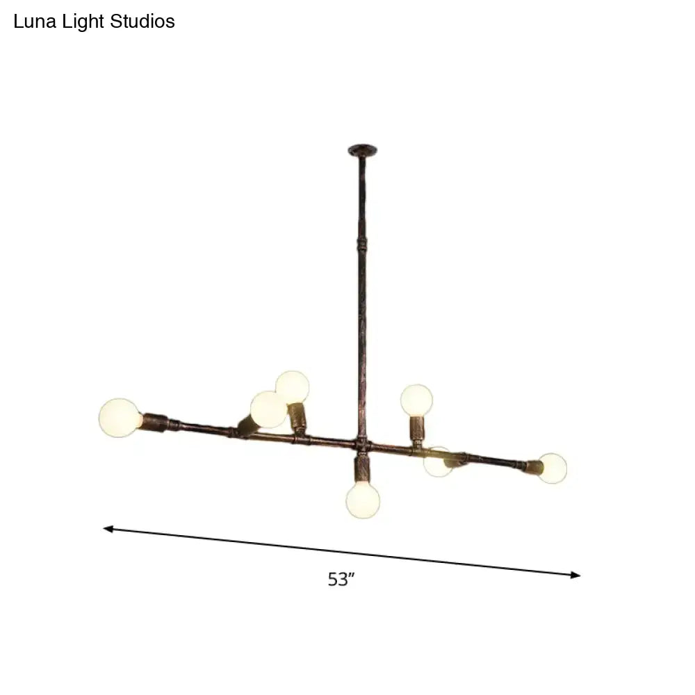 Industrial-style island pendant light with antique bronze finish wrought iron frame and six exposed bulbs