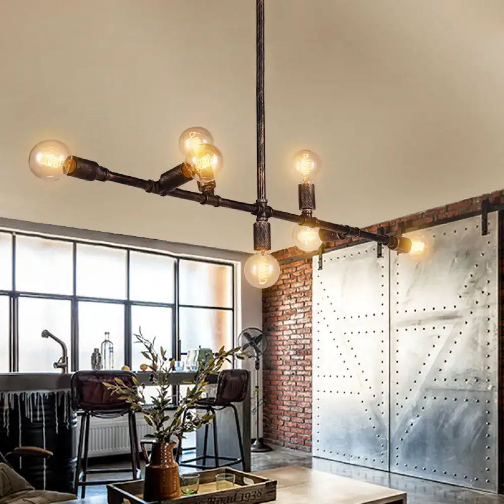Industrial-style black pipe chandelier farmhouse style antique bronze wrought iron island pendant light with exposed bulbs
