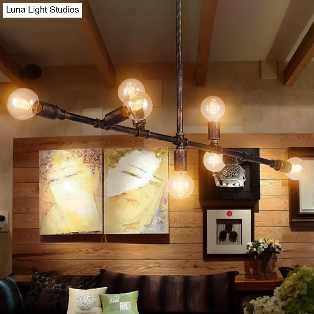 Decorbites antique bronze wrought iron island pendant light with black metal pipes and exposed filament bulbs