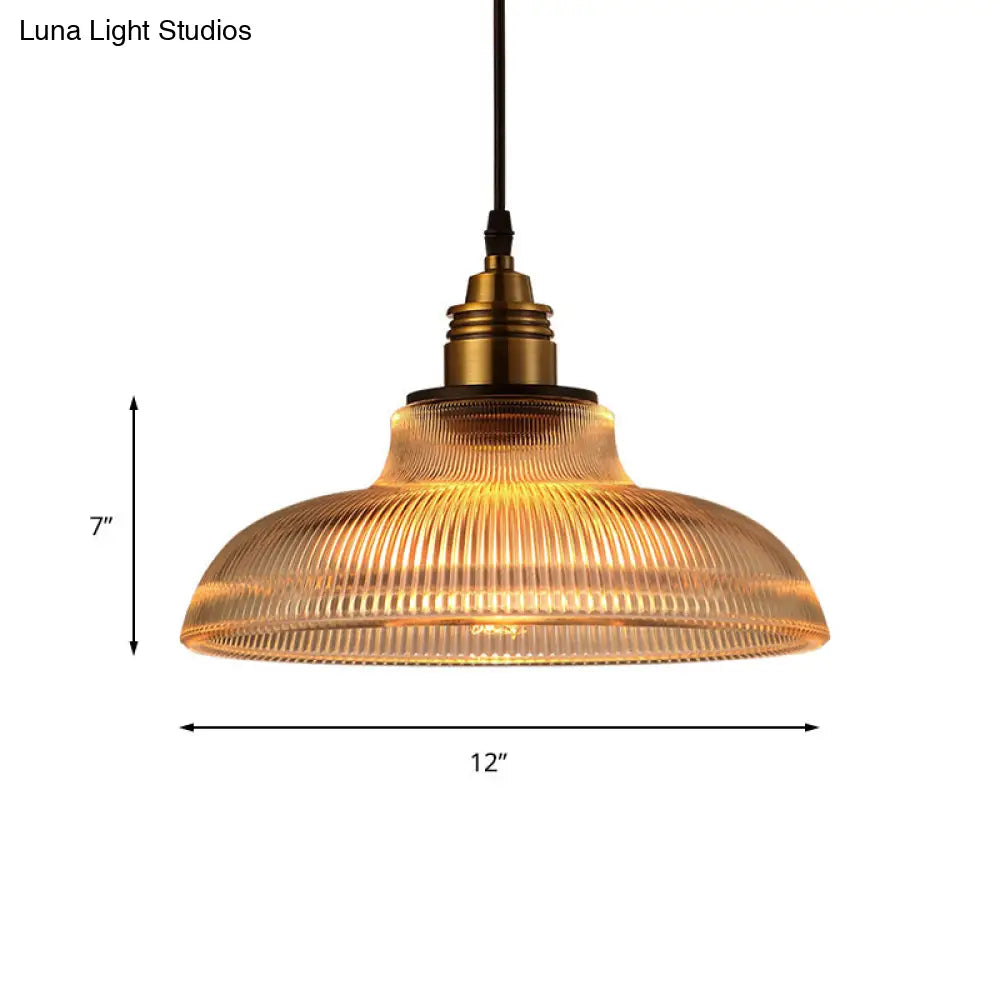 Farmhouse Style Brass Dome Pendant Light with Ribbed Glass Shade for Living Room Ceiling