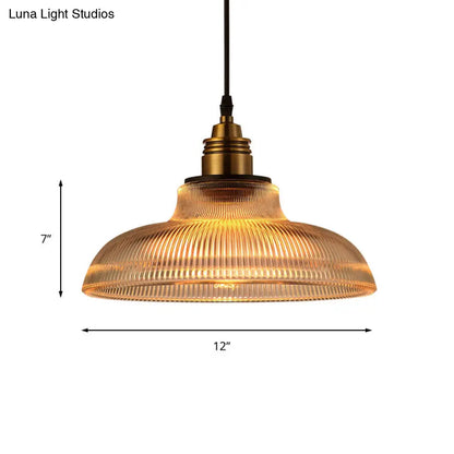 Farmhouse Style Brass Dome Pendant Light with Ribbed Glass Shade for Living Room Ceiling