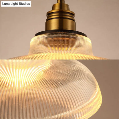 Farmhouse Style Brass Dome Pendant Light with Ribbed Glass Shade for Living Room Ceiling