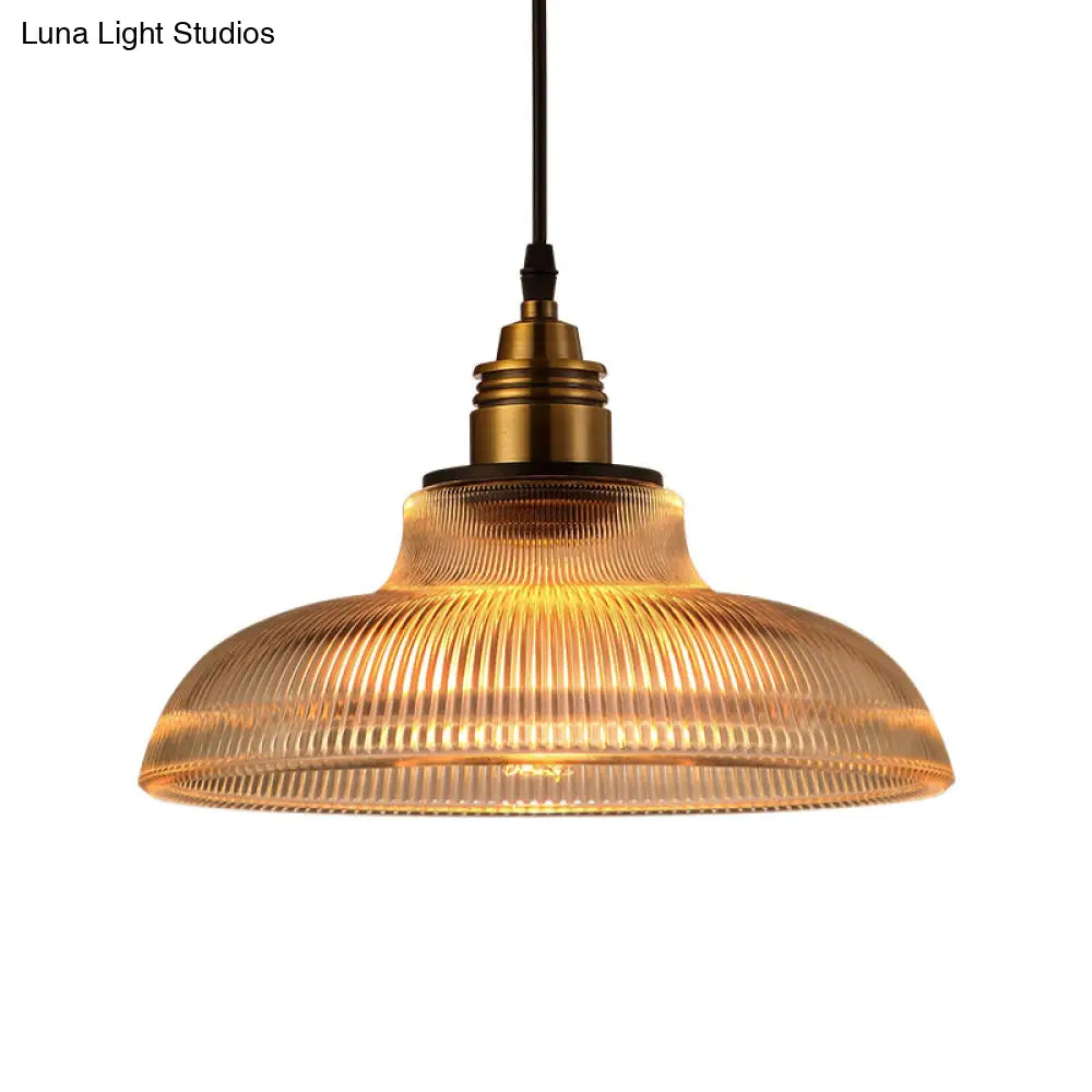 Farmhouse Style Brass Dome Pendant Light with Ribbed Glass Shade for Living Room Ceiling