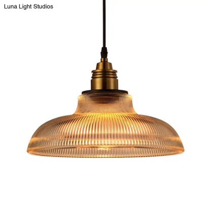 Farmhouse Style Brass Dome Pendant Light with Ribbed Glass Shade for Living Room Ceiling