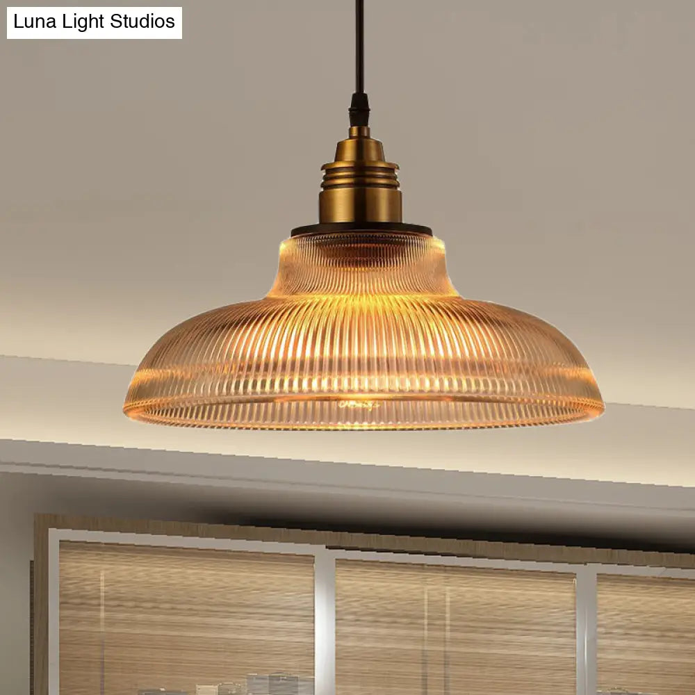 Farmhouse Style Brass Dome Pendant Light with Ribbed Glass Shade for Living Room Ceiling