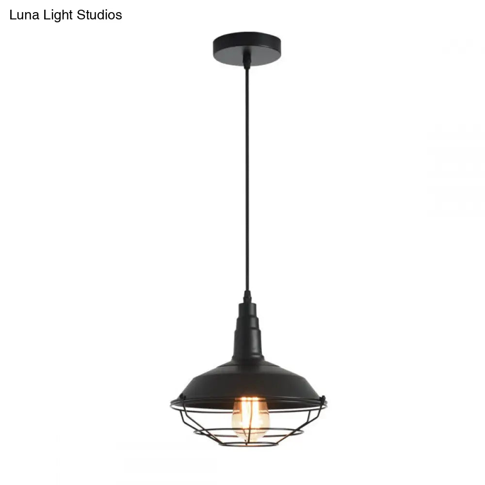 Farmhouse-Style Hanging Pendant Lamp with Tapered Cage in Barn-Shaped Black Metal