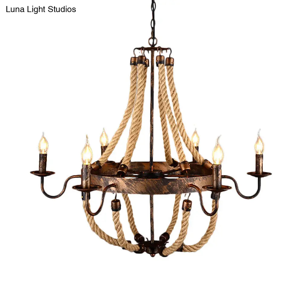 Farmhouse Style Indoor Hanging Lamp | Flameless Candle Iron Chandelier with 6 Lights and Hemp Rope in Rust