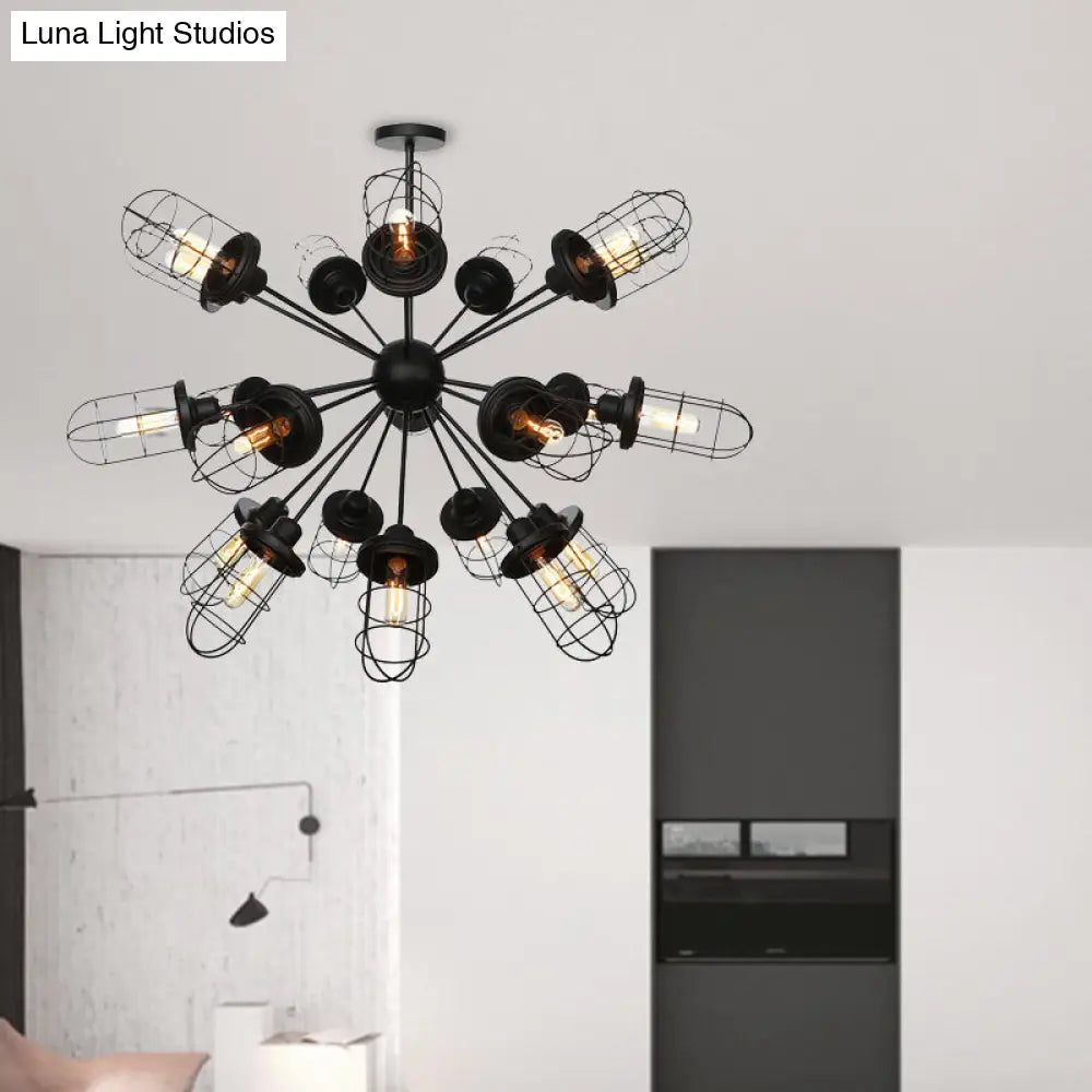 Lámpara de araña estilo rústico con jaula de hierro - 9/12/15 luces, diseño Sputnik, acabado negro