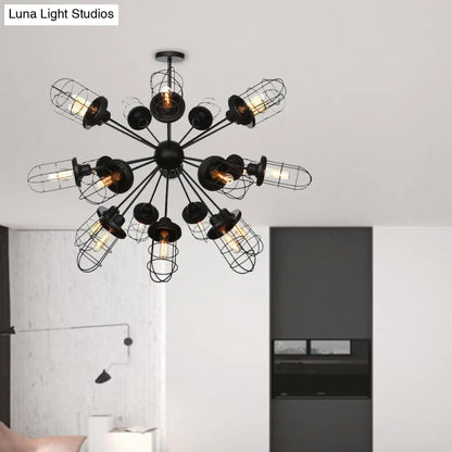 Lámpara de araña estilo rústico con jaula de hierro - 9/12/15 luces, diseño Sputnik, acabado negro