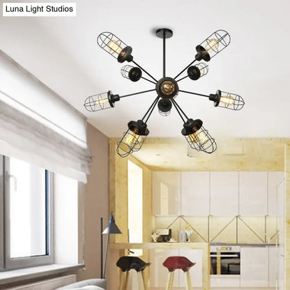 Lámpara de araña estilo rústico con jaula de hierro - 9/12/15 luces, diseño Sputnik, acabado negro