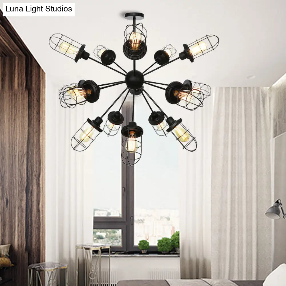 Lámpara de araña estilo rústico con jaula de hierro - 9/12/15 luces, diseño Sputnik, acabado negro