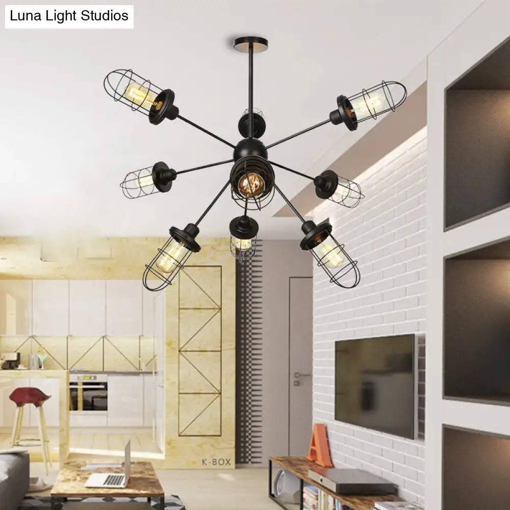 Lámpara de araña estilo rústico con jaula de hierro - 9/12/15 luces, diseño Sputnik, acabado negro