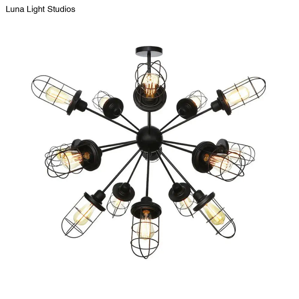 Lámpara de araña estilo rústico con jaula de hierro - 9/12/15 luces, diseño Sputnik, acabado negro