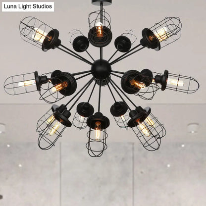 Lámpara de araña estilo rústico con jaula de hierro - 9/12/15 luces, diseño Sputnik, acabado negro