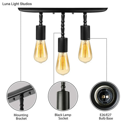DecorBites™ DecorBites™ Farmhouse Style Iron Semi Flush Mount Ceiling Light Fixture - Open Bulb Design, 3 Lights, Black Lighting for Bedroom
