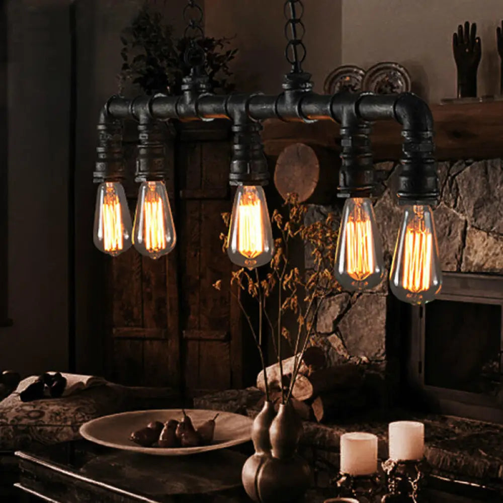 DecorBites™ Farmhouse Style Linear Island Pendant Light with 5 Pipes in Black Metal