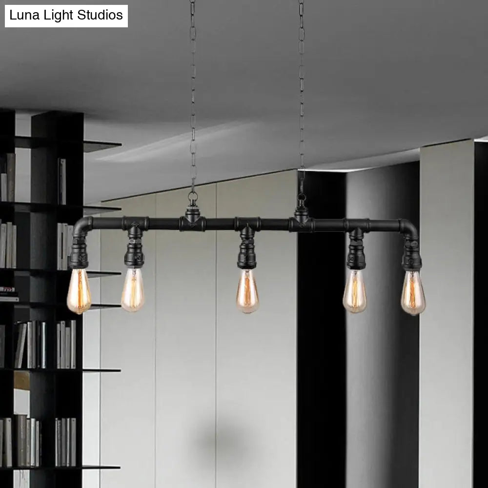 DecorBites™ Farmhouse Style Linear Island Pendant Light with 5 Pipes in Black Metal