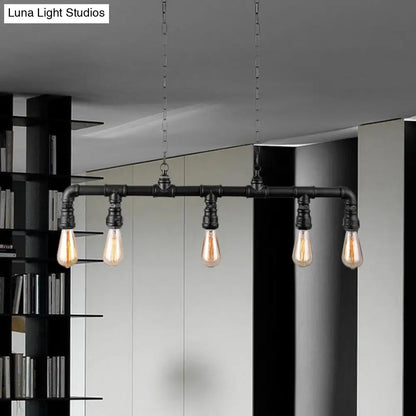DecorBites™ Farmhouse Style Linear Island Pendant Light with 5 Pipes in Black Metal
