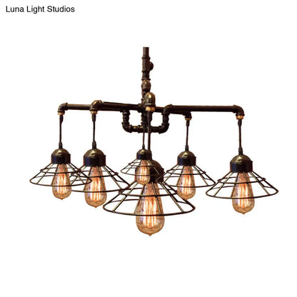 Farmhouse Style Metal Chandelier: 6-Light Black Pendant Lamp with Cone Cage Shade for Dining Room