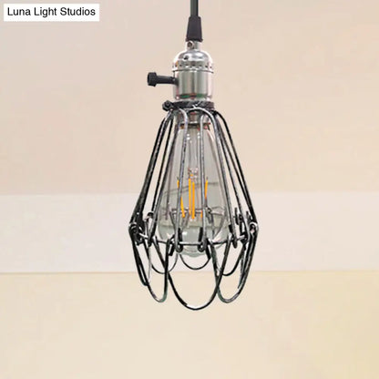 Farmhouse Style Metal Wire Frame Pendant Light - 1-Light Living Room Hanging Lamp in Aged Silver/Antique Copper