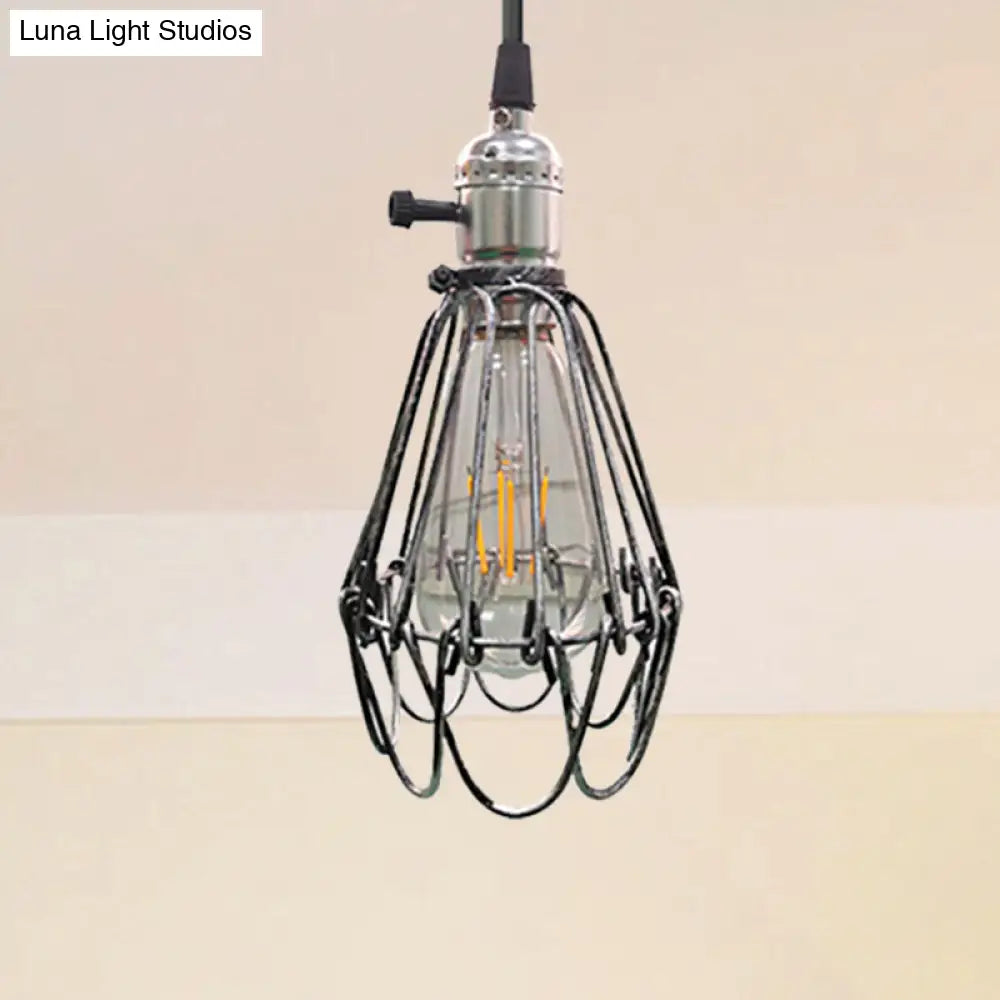 Farmhouse Style Metal Wire Frame Pendant Light - 1-Light Living Room Hanging Lamp in Aged Silver/Antique Copper