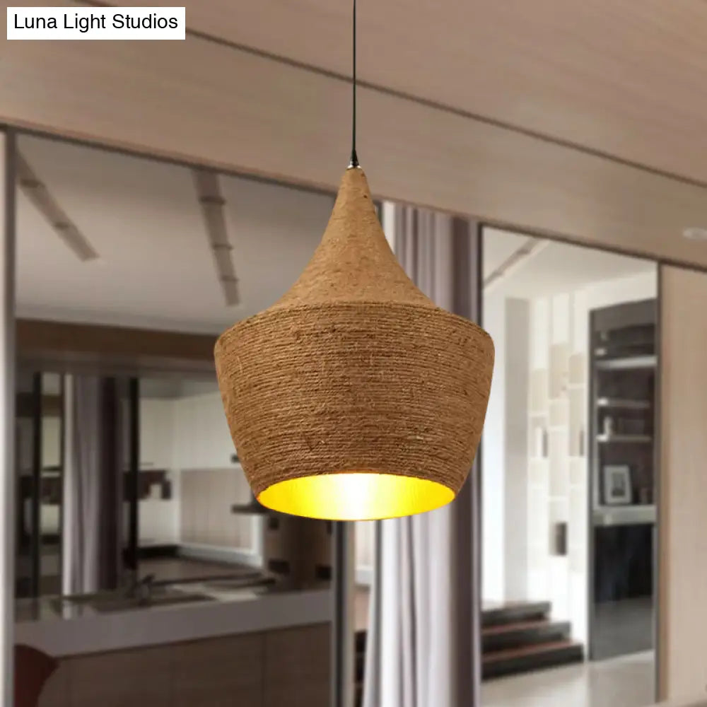 Farmhouse Style Pendant Light with Hemp Rope Shade - Brown