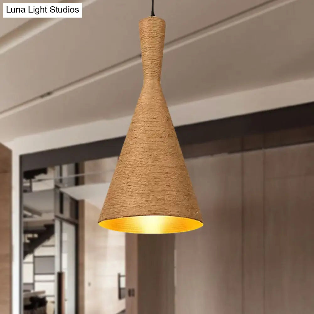 Farmhouse Style Pendant Light with Hemp Rope Shade - Brown