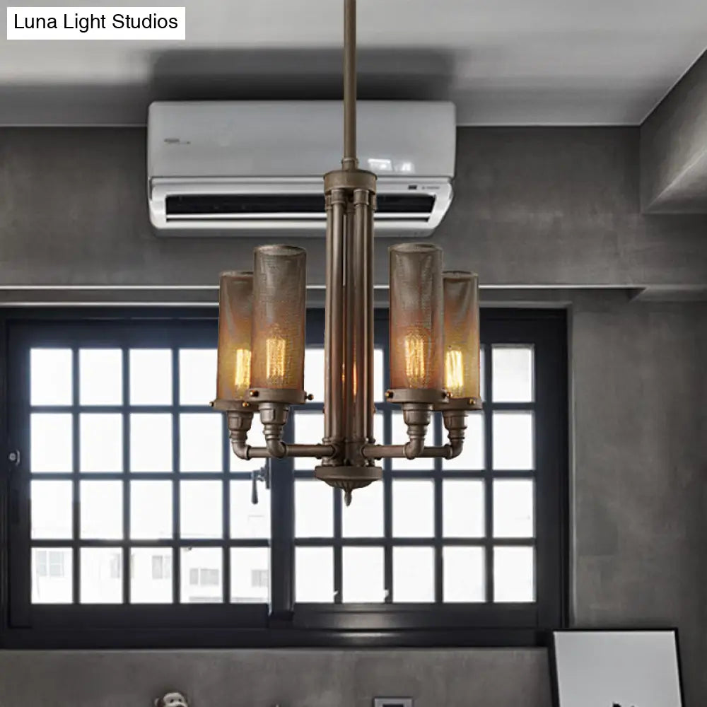 Lámpara de araña de hierro y peltre estilo casa de campo con lámpara colgante tubular - 3/5/8 luces, pantalla cilíndrica de malla