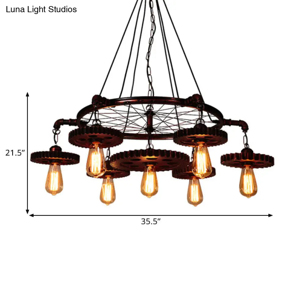 Farmhouse Style Rustic Chandelier Light with Exposed Bulbs - Gear Deco, 3/5/7 Heads - Ideal for Bars