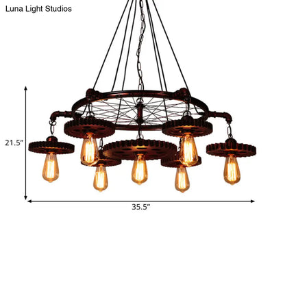 Farmhouse Style Rustic Chandelier Light with Exposed Bulbs - Gear Deco, 3/5/7 Heads - Ideal for Bars