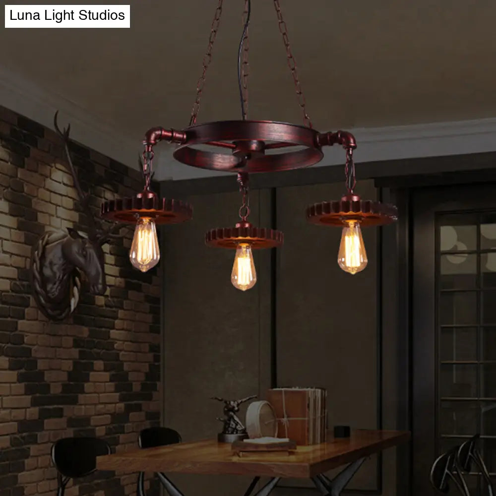Farmhouse Style Rustic Chandelier Light with Exposed Bulbs - Gear Deco, 3/5/7 Heads - Ideal for Bars