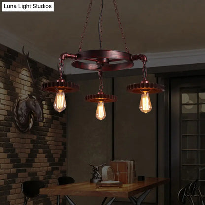 Farmhouse Style Rustic Chandelier Light with Exposed Bulbs - Gear Deco, 3/5/7 Heads - Ideal for Bars